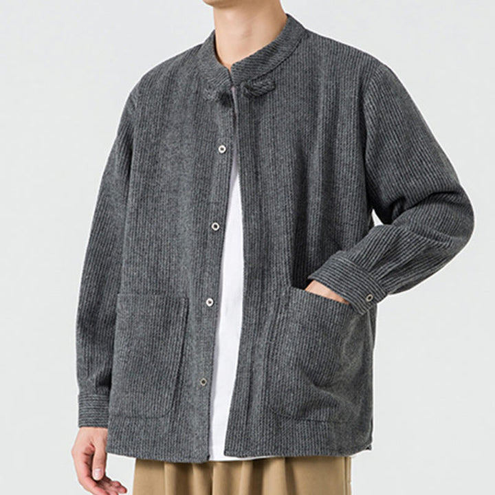 Buddha Stones Solid Color Frog-Button Long Sleeve Men's Cotton Corduroy Jacket With Pockets - image 11