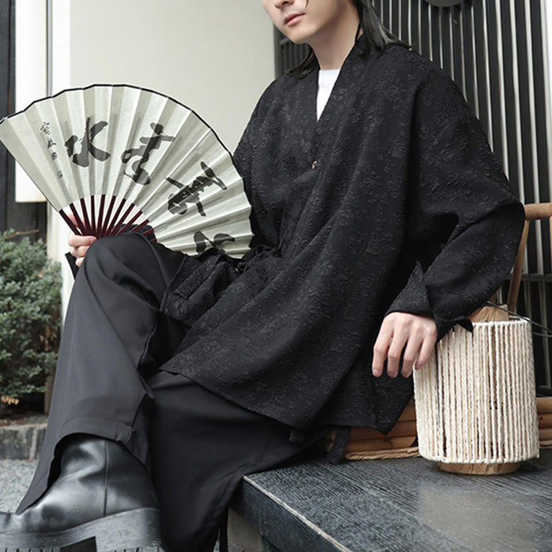 Buddha Stones Spring V-Neck Floral Men's Lace-up Design Long Sleeve Shirt - image 5