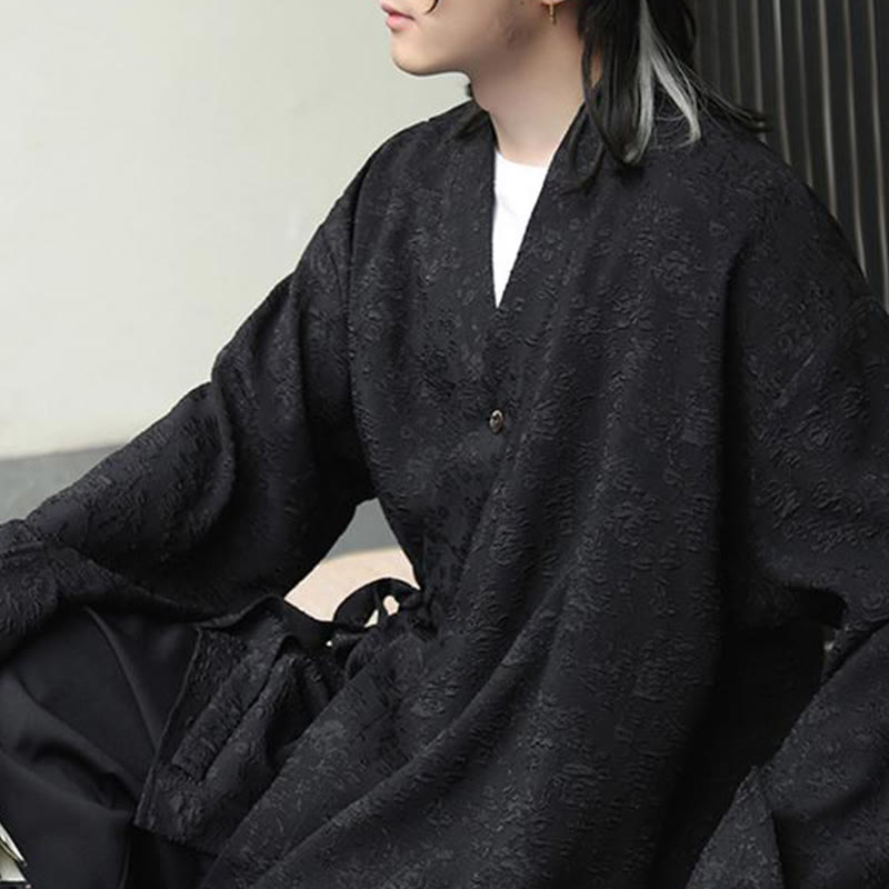 Buddha Stones Spring V-Neck Floral Men's Lace-up Design Long Sleeve Shirt - image 4