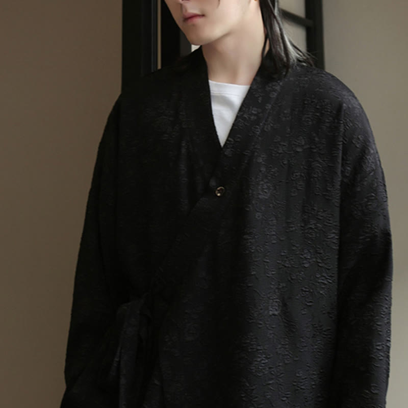 Buddha Stones Spring V-Neck Floral Men's Lace-up Design Long Sleeve Shirt - image 6