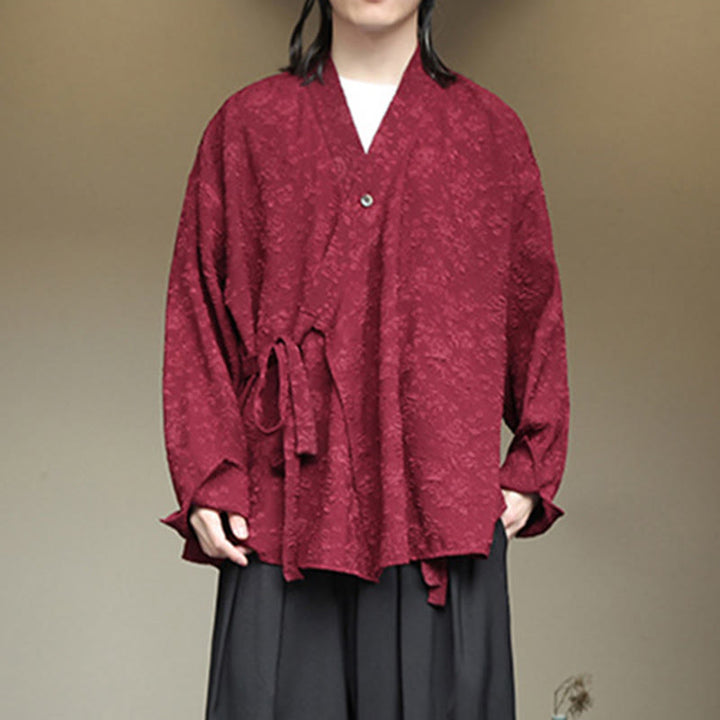 Buddha Stones Spring V-Neck Floral Men's Lace-up Design Long Sleeve Shirt - image 17