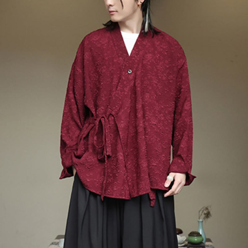 Buddha Stones Spring V-Neck Floral Men's Lace-up Design Long Sleeve Shirt - image 16