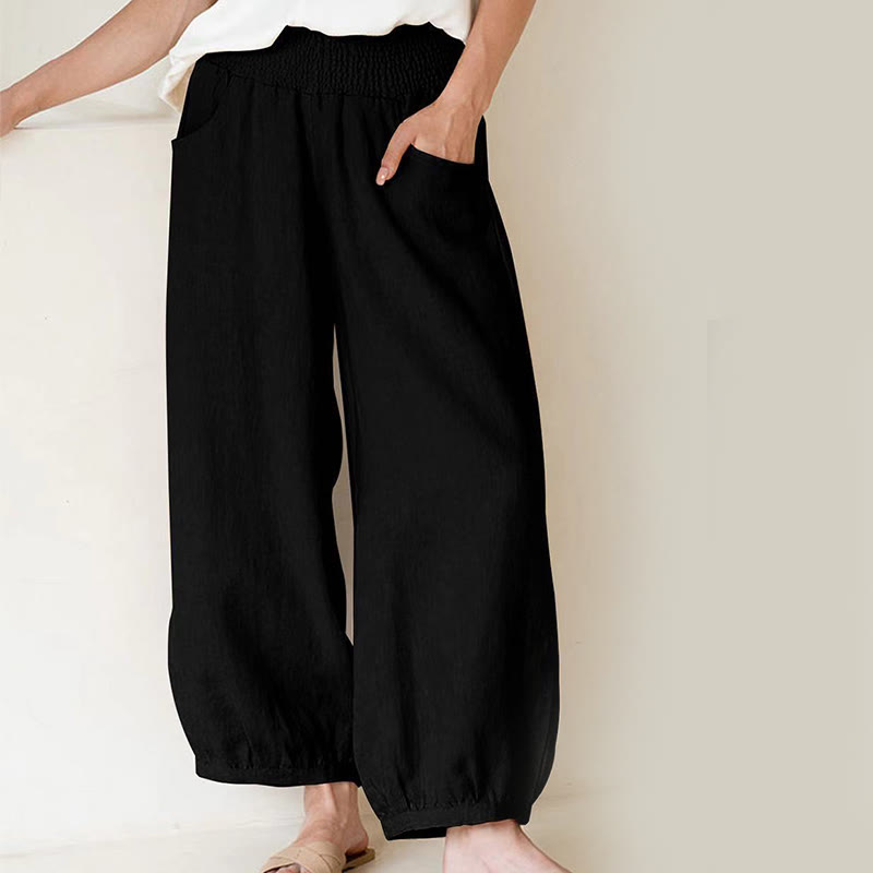 Buddha Stones Plain Color Cotton Women's Harem Pants With Pockets - Black - US16，UK/AU20，EU48 (3XL) - image 2