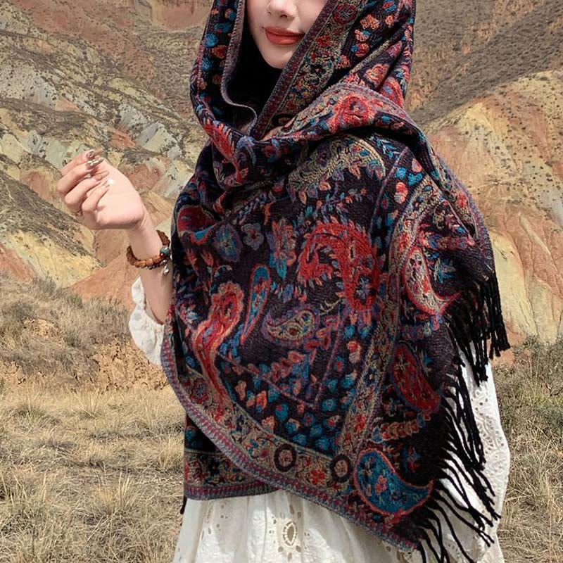 Buddha Stones Ethnic Embroidered Paisley Flowers Pattern Tassel Soft Scarf Shawl - image 2