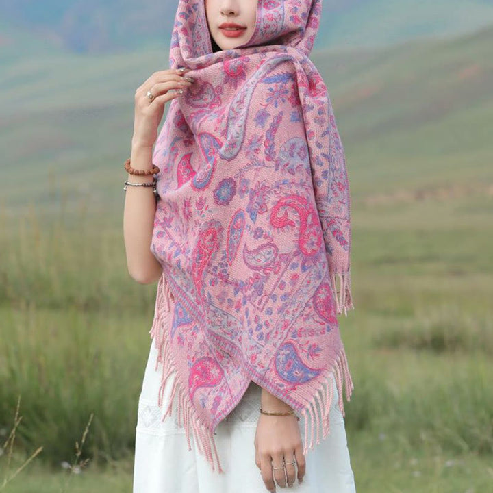 Buddha Stones Ethnic Embroidered Paisley Flowers Pattern Tassel Soft Scarf Shawl - image 5