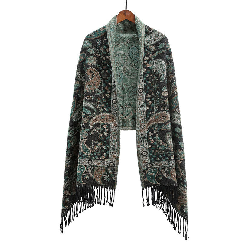 Buddha Stones Ethnic Embroidered Paisley Flowers Pattern Tassel Soft Scarf Shawl - MediumSeaGreen - image 16