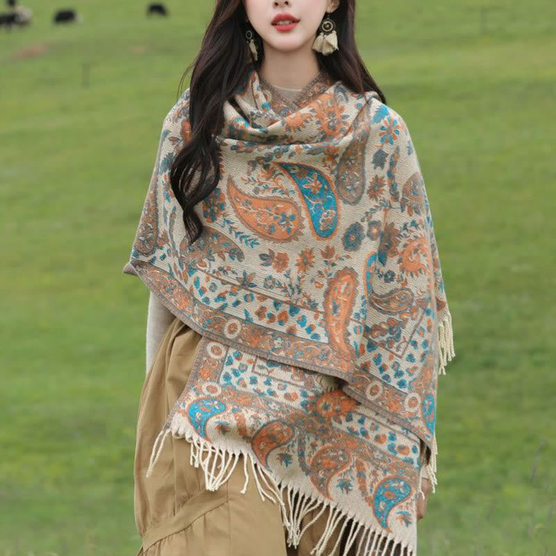 Buddha Stones Ethnic Embroidered Paisley Flowers Pattern Tassel Soft Scarf Shawl - image 10