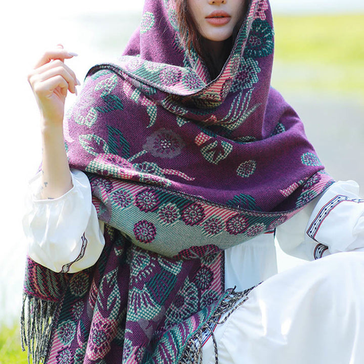 Buddha Stones Jacquard Ethnic Paisley Plants Pattern Tassel Soft Thermal Scarf Shawl - Purple Floral - 70-190cm - image 28