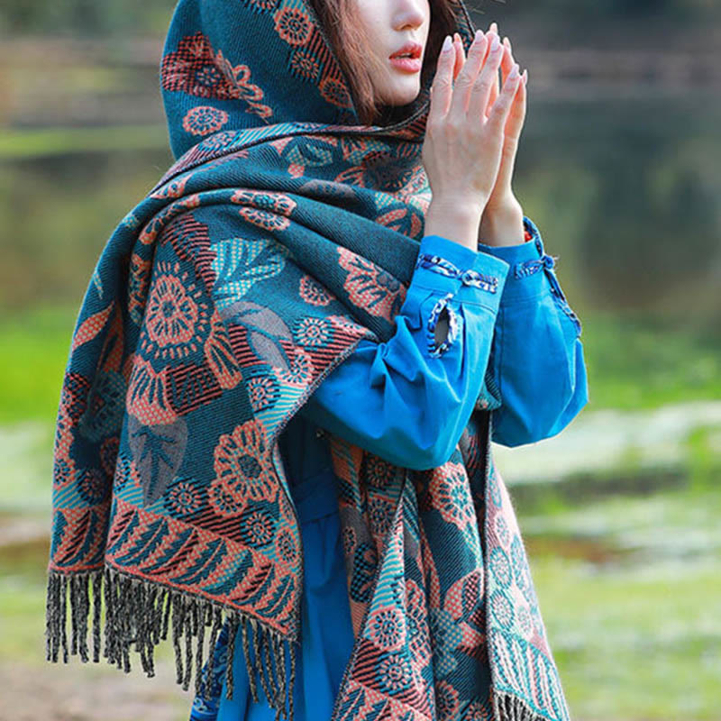 Buddha Stones Jacquard Ethnic Paisley Plants Pattern Tassel Soft Thermal Scarf Shawl - image 20