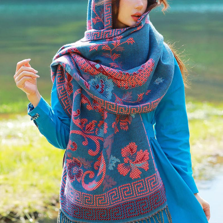 Buddha Stones Jacquard Ethnic Paisley Plants Pattern Tassel Soft Thermal Scarf Shawl - SteelBlue Floral - 70-190cm - image 37