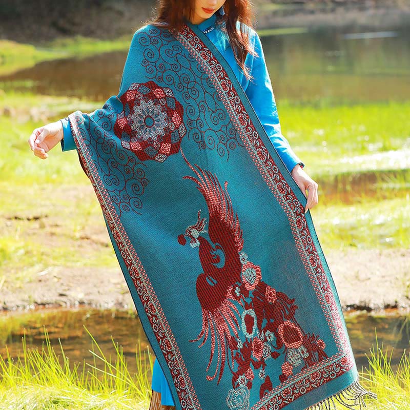 Buddha Stones Jacquard Ethnic Paisley Plants Pattern Tassel Soft Thermal Scarf Shawl - DarkCyan Vines Bird Floral - 70-190cm - image 45
