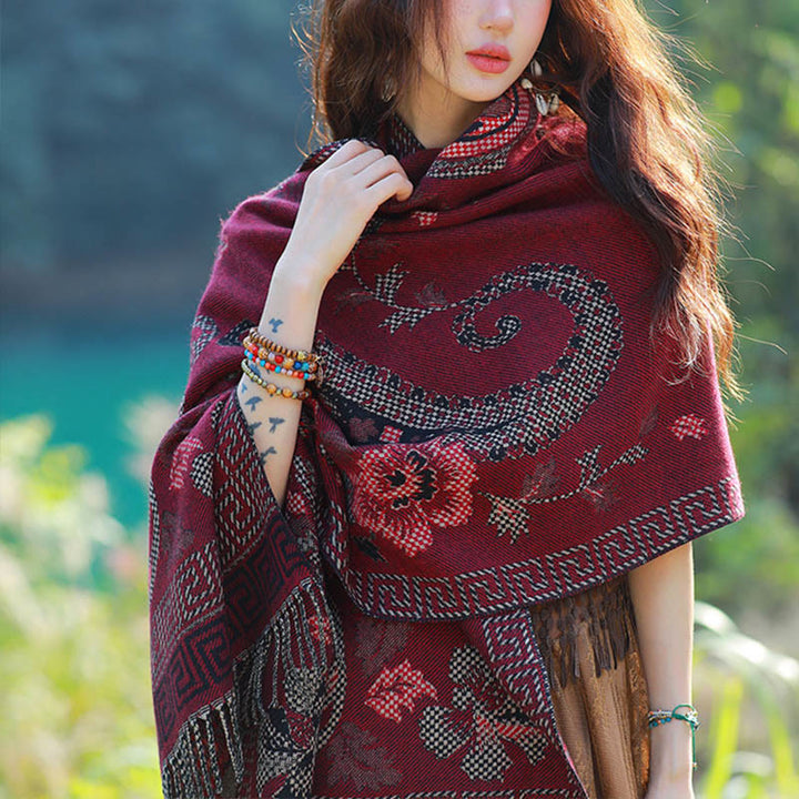 Buddha Stones Jacquard Ethnic Paisley Plants Pattern Tassel Soft Thermal Scarf Shawl - DarkRed Floral Paisley - 70-190cm - image 38