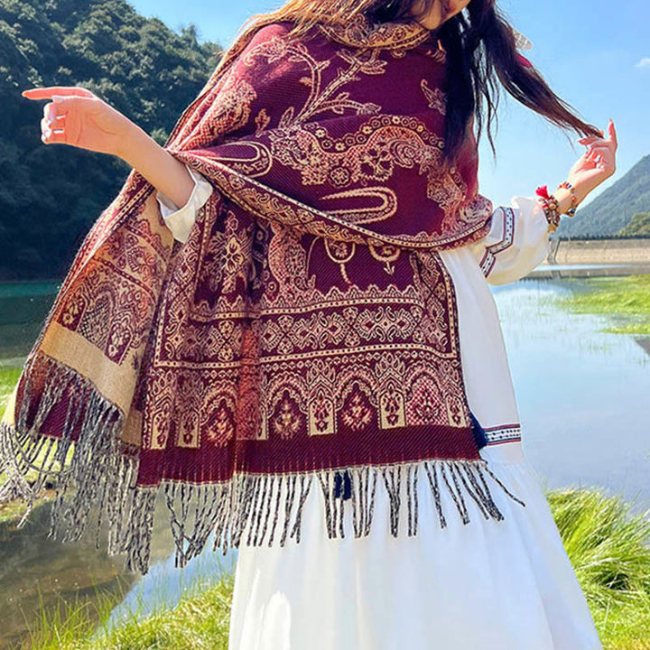 Buddha Stones Jacquard Ethnic Paisley Plants Pattern Tassel Soft Thermal Scarf Shawl - image 17