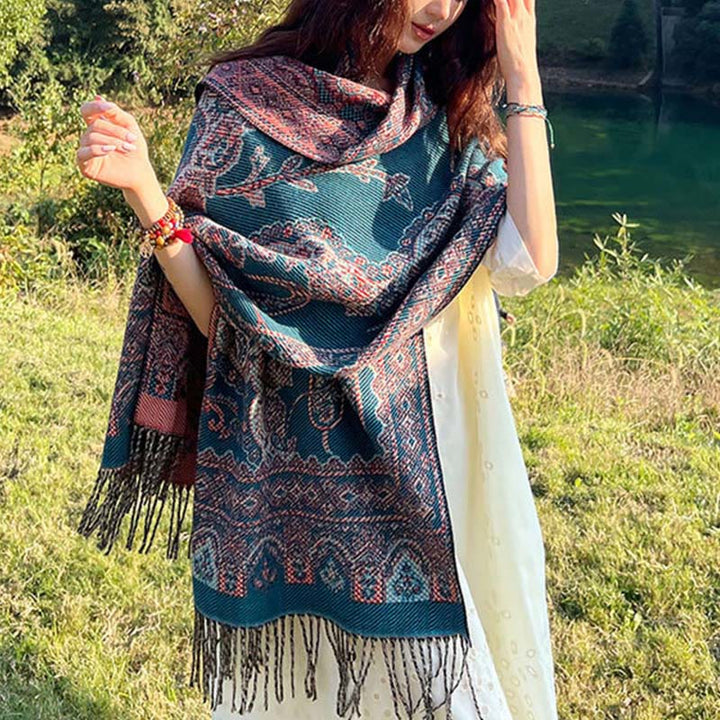 Buddha Stones Jacquard Ethnic Paisley Plants Pattern Tassel Soft Thermal Scarf Shawl - image 9