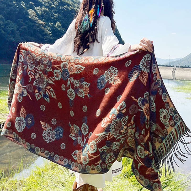 Buddha Stones Jacquard Ethnic Paisley Plants Pattern Tassel Soft Thermal Scarf Shawl - image 27