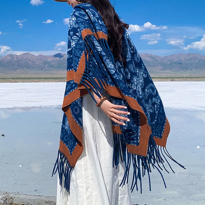 Buddha Stones Navy Paisley Pattern Patchwork Design Tassel Scarf Shawl - image 5