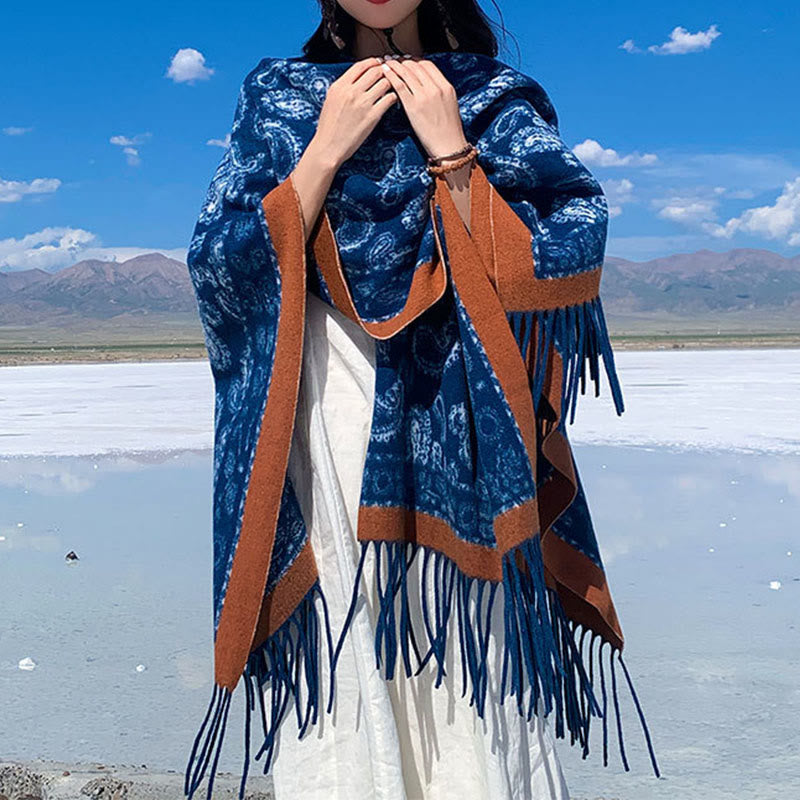 Buddha Stones Navy Paisley Pattern Patchwork Design Tassel Scarf Shawl - image 1