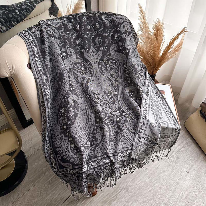 Buddha Stones Spring Floral Paisley Pattern Scarf Shawl With Tassels - DimGray - 195*70cm - image 8