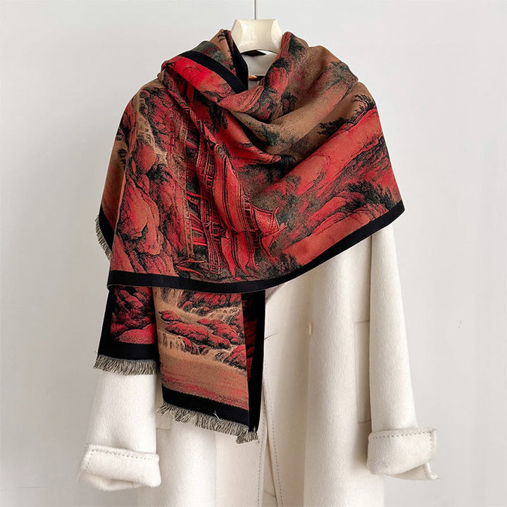 Buddha Stones Winter Landscape Painting Pattern Tassels Cozy Thick Scarf Shawl - SandyBrown - 180*65cm - image 0