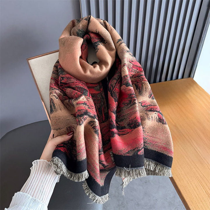 Buddha Stones Winter Landscape Painting Pattern Tassels Cozy Thick Scarf Shawl - image 2