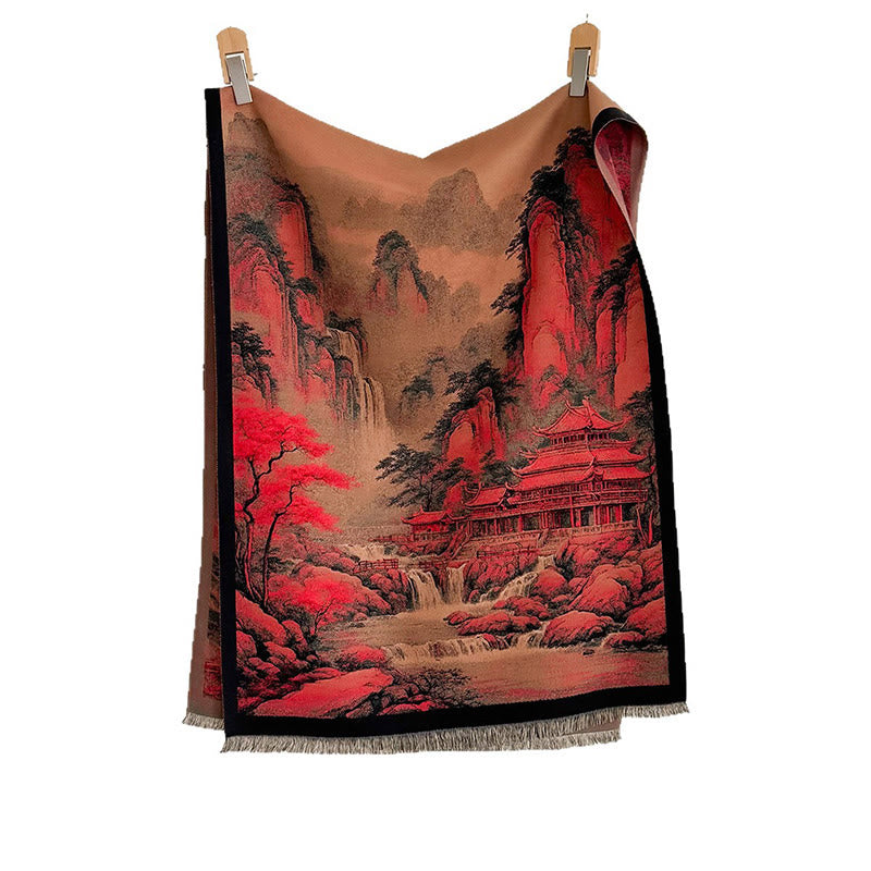 Buddha Stones Winter Landscape Painting Pattern Tassels Cozy Thick Scarf Shawl - image 5
