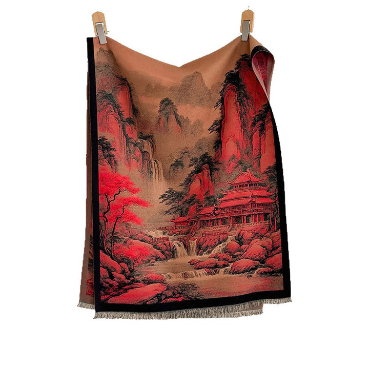 Buddha Stones Winter Landscape Painting Pattern Tassels Cozy Thick Scarf Shawl - image 5