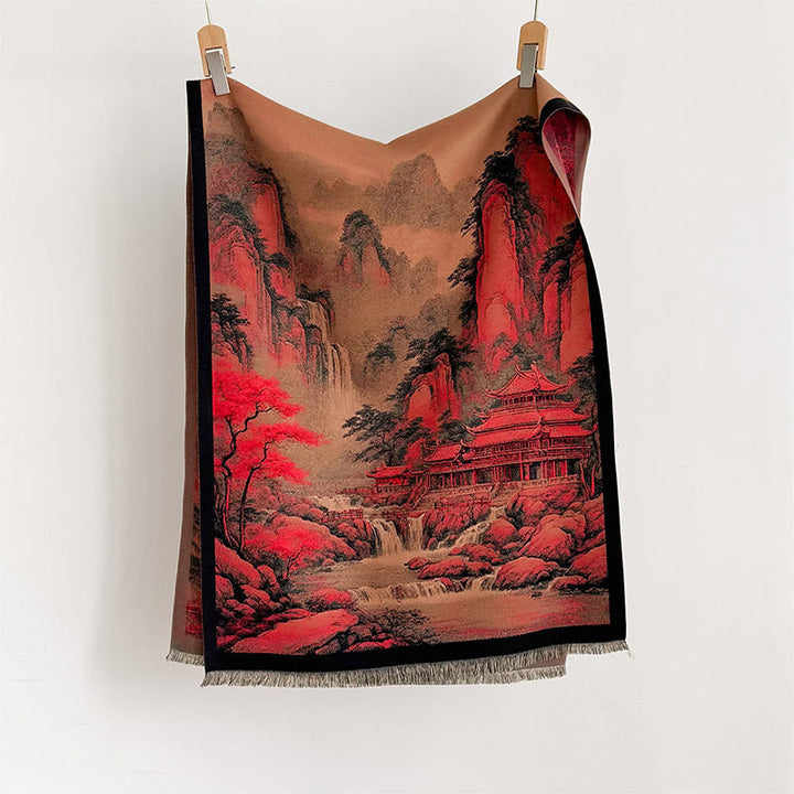 Buddha Stones Winter Landscape Painting Pattern Tassels Cozy Thick Scarf Shawl - image 1