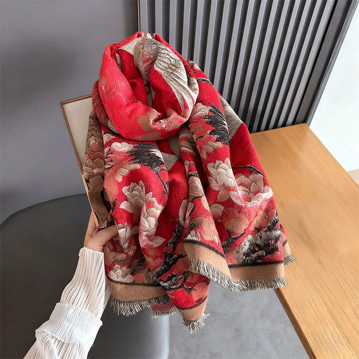 Buddha Stones Fall Crane Lotus Plum Blossom Pattern Tassels Cozy Soft Scarf Shawl - image 2