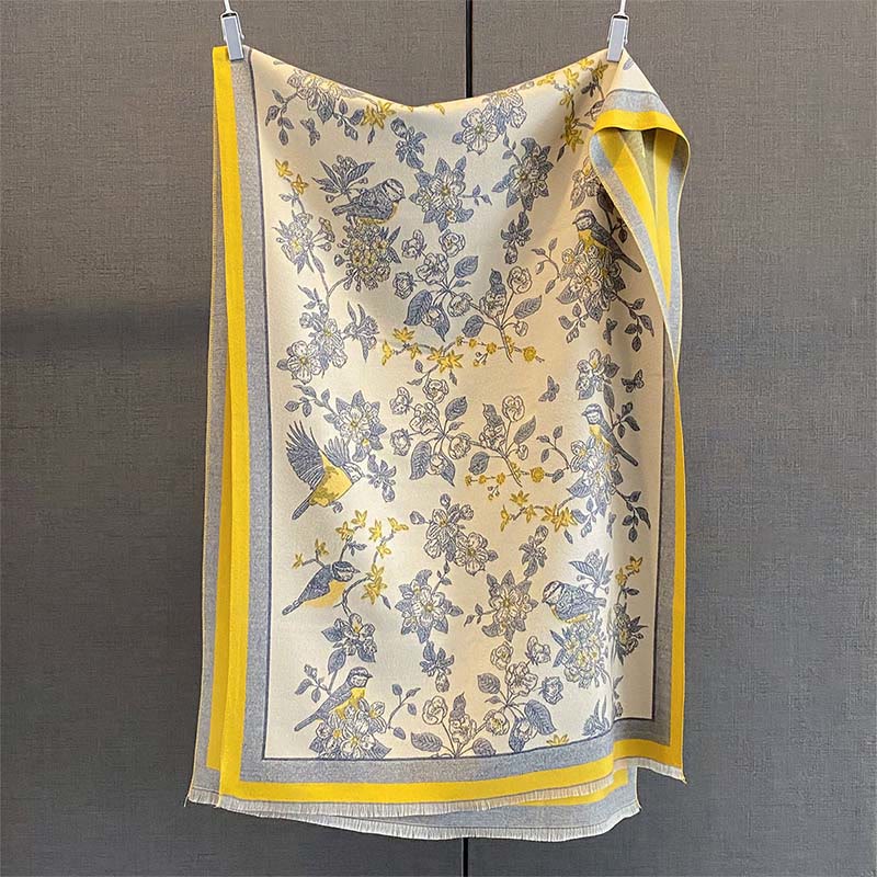 Buddha Stones Commute Flowers Bird Pattern Color Contrast Design Tassels Cozy Soft Scarf Shawl - Yellow - 190*65 cm - image 2