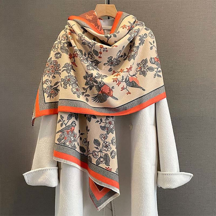 Buddha Stones Commute Flowers Bird Pattern Color Contrast Design Tassels Cozy Soft Scarf Shawl - OrangeRed - 190*65 cm - image 0