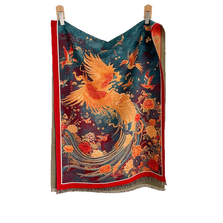 Buddha Stones Winter Phoenix Flowers Birds Pattern Tassels Thermal Soft Scarf Shawl - image 5