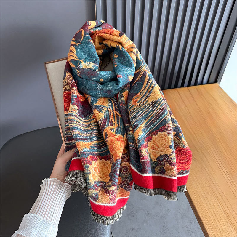 Buddha Stones Winter Phoenix Flowers Birds Pattern Tassels Thermal Soft Scarf Shawl - image 2