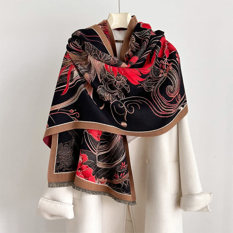 Buddha Stones Winter Thermal Phoenix Flowers Pattern Tassels Soft Scarf Shawl - Black - 180*65cm - image 0