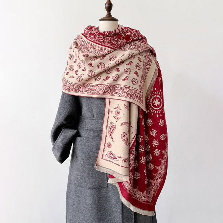 Buddha Stones Ethnic Paisley Geometry Patchwork Pattern Tassels Soft Thermal Thick Scarf Shawl - Crimson - 186*66cm - image 0
