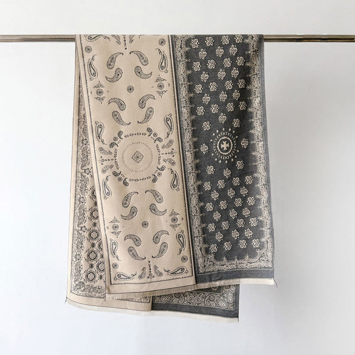 Buddha Stones Ethnic Paisley Geometry Patchwork Pattern Tassels Soft Thermal Thick Scarf Shawl - Gray - 186*66cm - image 2