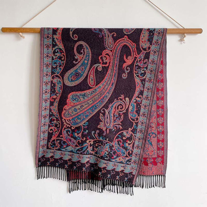 Buddha Stones Winter Commute Thermal Paisley Floral Pattern Tassel Cozy Scarf Shawl - DarkMagenta - 200*65cm - image 4