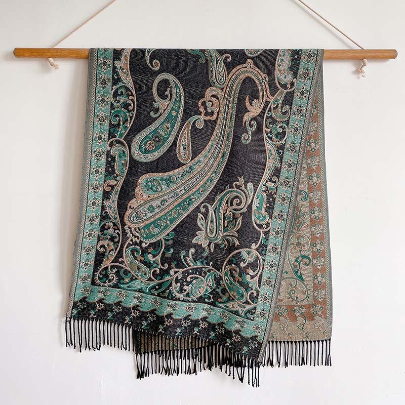 Buddha Stones Winter Commute Thermal Paisley Floral Pattern Tassel Cozy Scarf Shawl - Black - 200*65cm - image 5