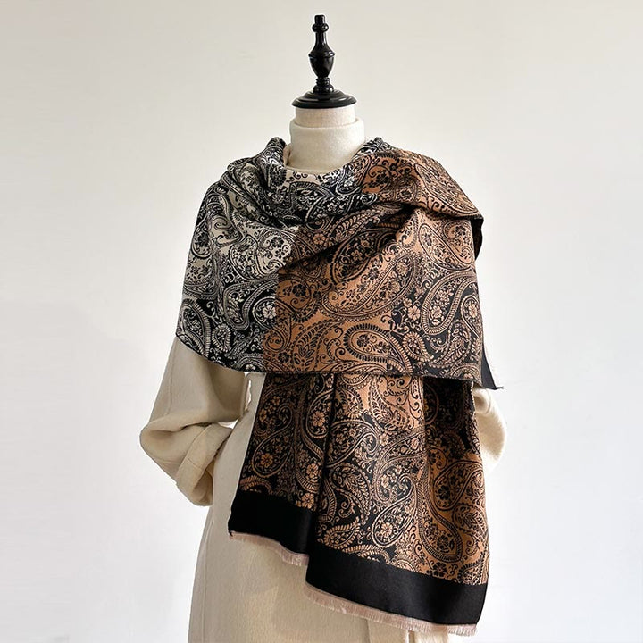 Buddha Stones Winter Thermal Color Matching Paisley Vines Pattern Tassel Cozy Scarf Shawl - Black - 185*65cm - image 0