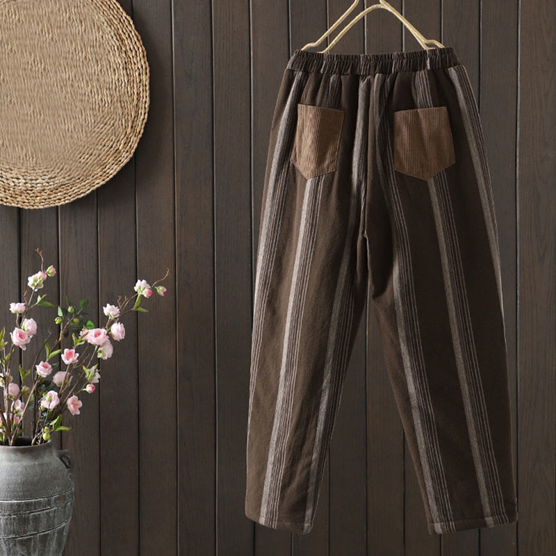 Buddha Stones Commute Thermal Striped Cotton Corduroy Women's Harem Padded Pants With Pockets - image 1