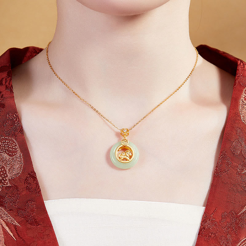 Buddha Stones 925 Sterling Silver Year Of The Horse Hetian Jade Peace Buckle Luck Necklace Pendant - image 10