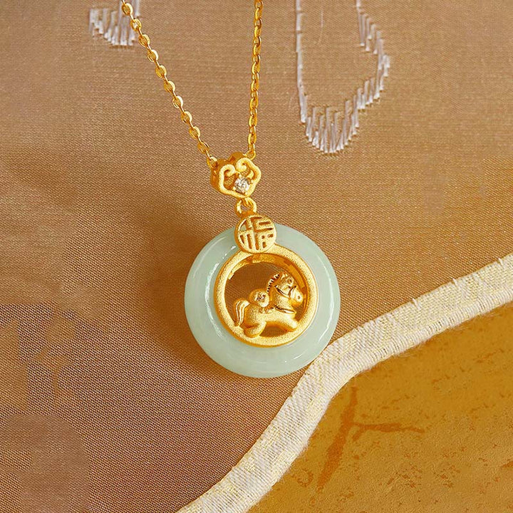 Buddha Stones 925 Sterling Silver Year Of The Horse Hetian Jade Peace Buckle Luck Necklace Pendant - image 3
