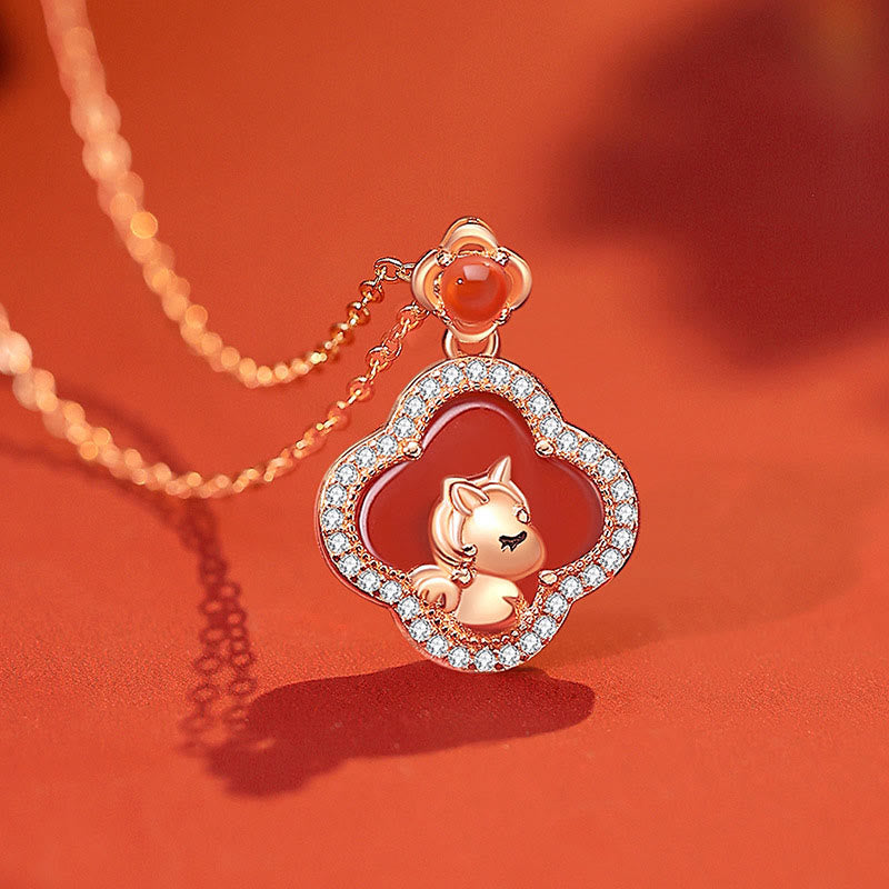 Buddha Stones 925 Sterling Silver Year Of The Horse Four Leaf Clover Red Agate Calm Necklace Pendant - image 1