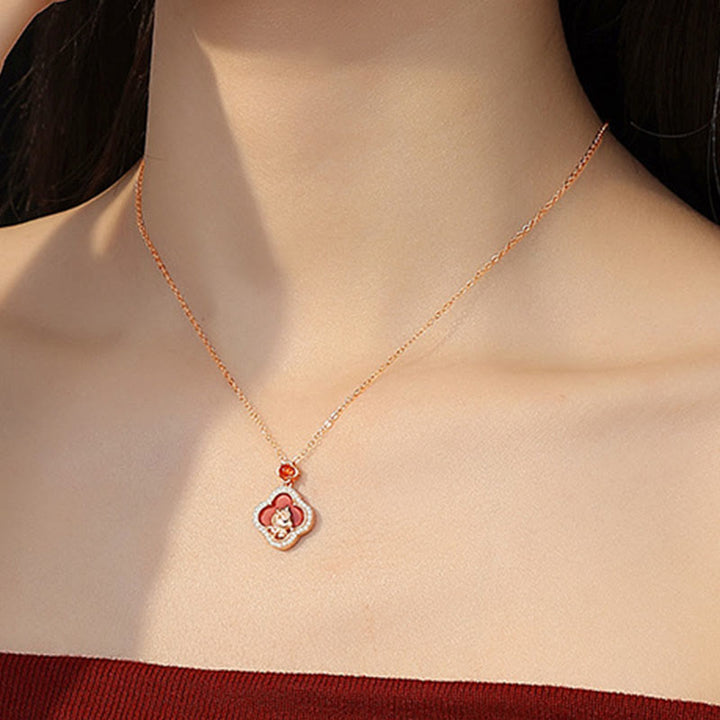 Buddha Stones 925 Sterling Silver Year Of The Horse Four Leaf Clover Red Agate Calm Necklace Pendant - image 4
