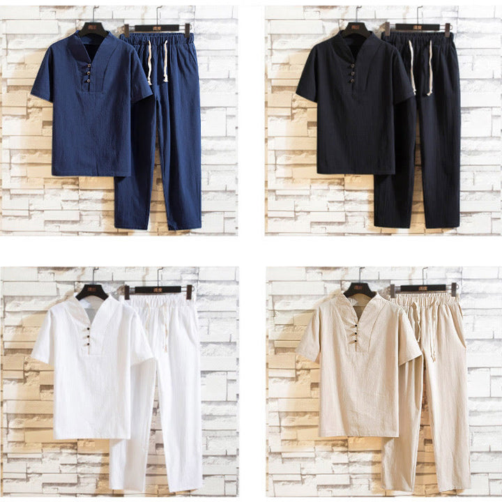 Buddha Stones 2Pcs Solid Color Cotton Button Short Sleeve T-shirt Pants Men's Set - image 13