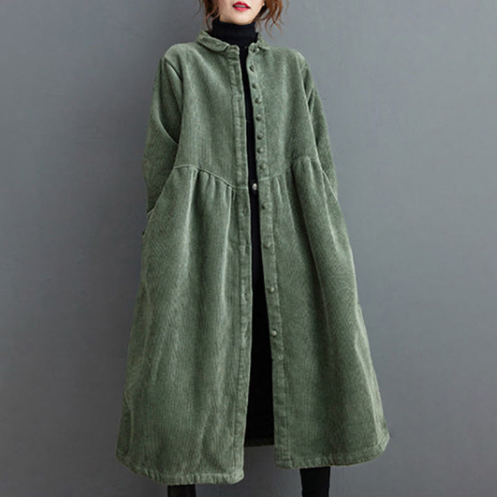 Buddha Stones Plain Buttons Long Sleeve Women's Cotton Corduroy Fleece-Lined Coat With Pockets - image 14