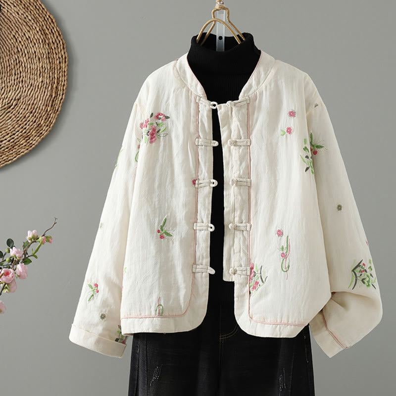 Buddha Stones Flower Embroidery Women's Long Sleeve Cotton-padded Jacket With Pockets - Ivory - US8-10，UK/AU12-14，EU40-42 (2XL) - image 1