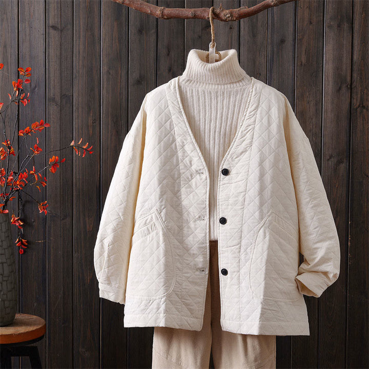 Buddha Stones Casual Solid Color Women's Long Sleeve Cotton Jacket With Pockets - Beige - US12，UK/AU16，EU44 (2XL) - image 2