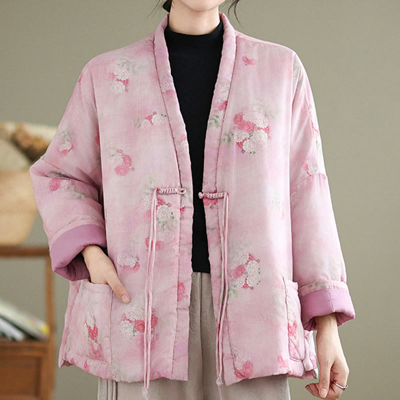 Buddha Stones Printed Flowers Women's Long Sleeve Cotton-padded Jacket With Pockets - image 4