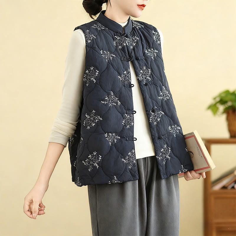 Buddha Stones Embroidered Frog-Button Women's Sleeveless Cotton Vest Waistcoat With Pockets - image 2