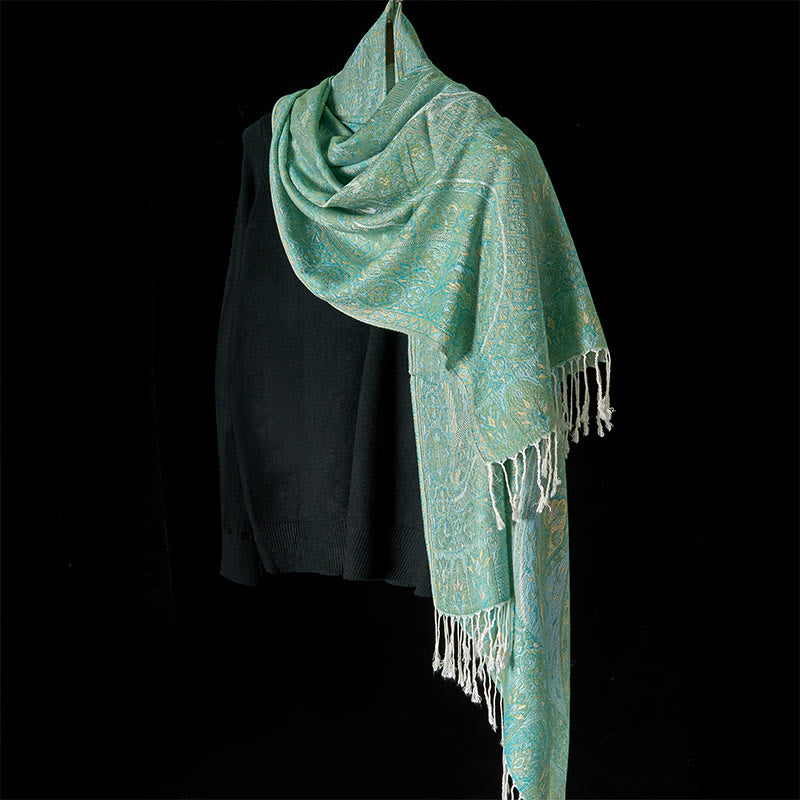 Buddha Stones Spring Green Cashew Flower Geometric Jacquard Pattern Tassel Cozy Scarf Shawl - image 2